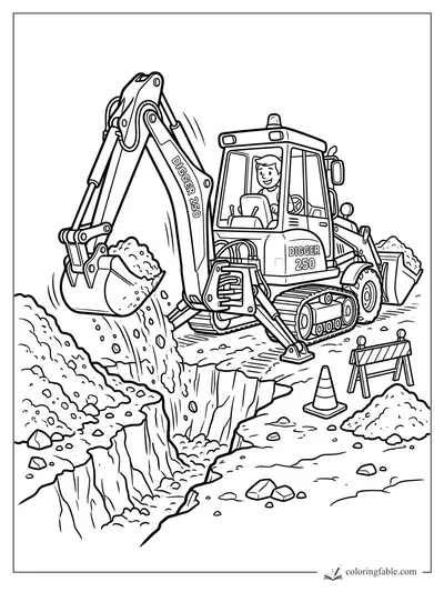 Cartoon Digger 250 backhoe with smiling driver scooping dirt beside cones and a striped barrier.