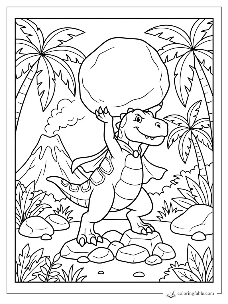 Cartoon dinosaur superhero lifting a huge boulder between palm trees and a smoking volcano.
