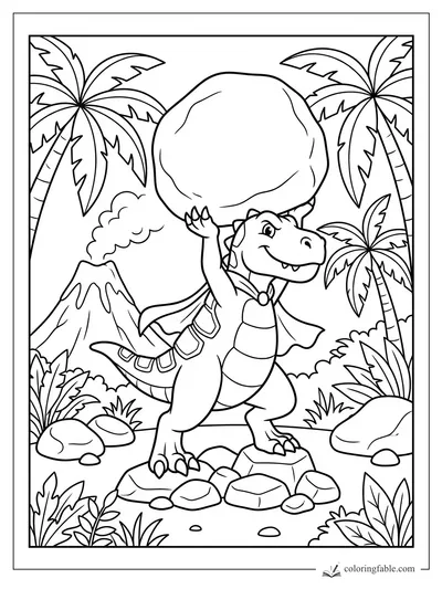 Cartoon dinosaur superhero lifting a huge boulder between palm trees and a smoking volcano.