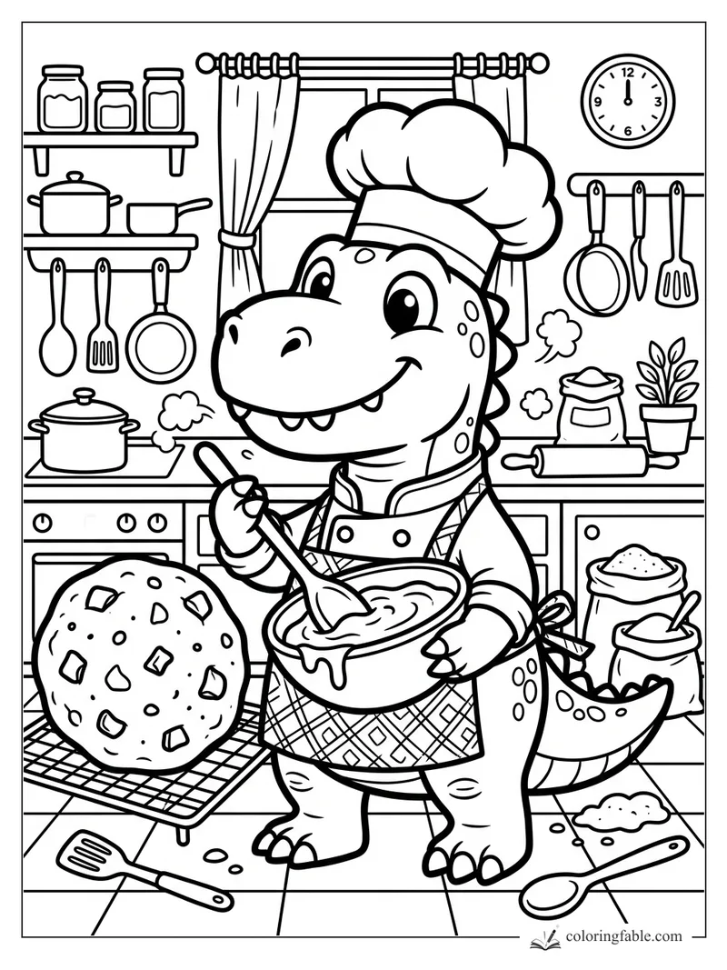 Smiling dinosaur chef stirs a bowl beside a giant cookie, pots, jars, utensils, and a kitchen clock.
