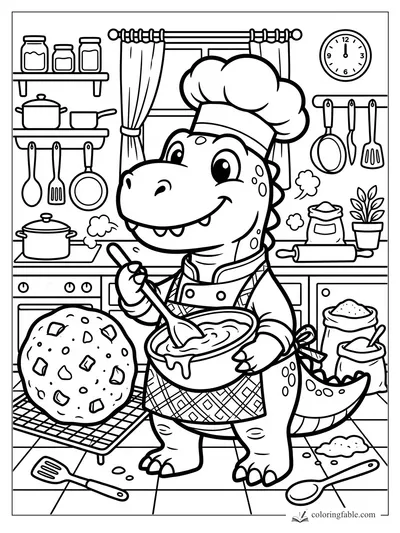 Smiling dinosaur chef stirs a bowl beside a giant cookie, pots, jars, utensils, and a kitchen clock.