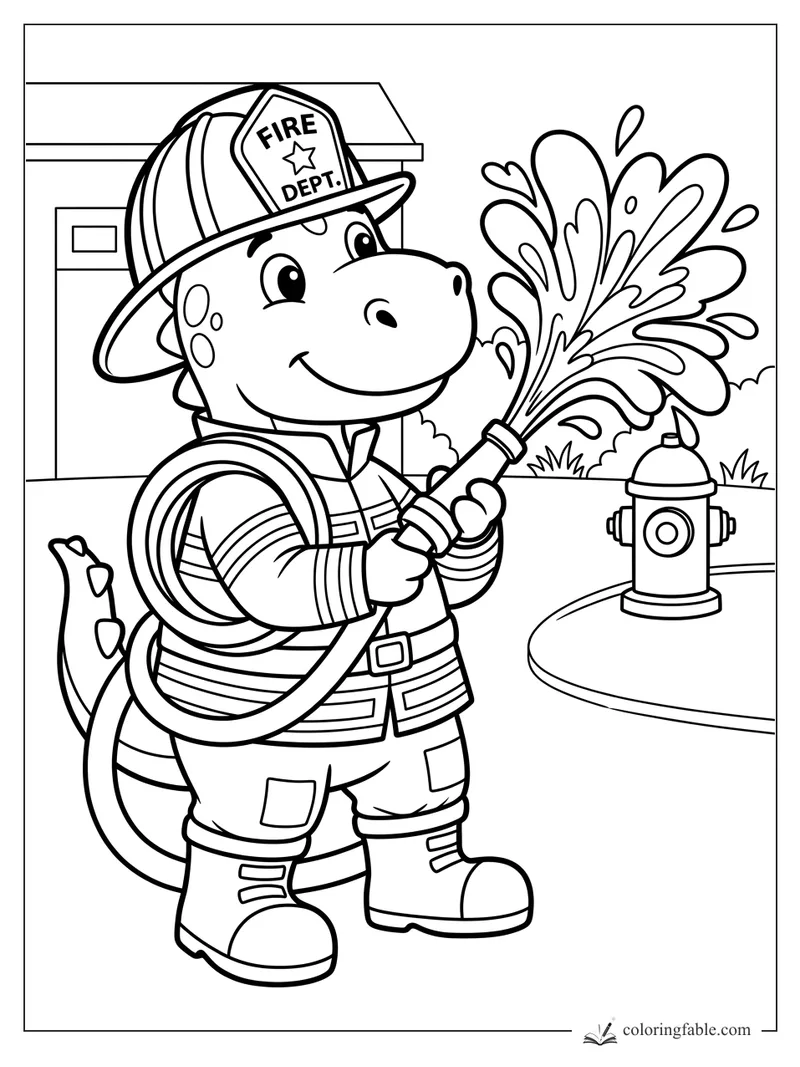 Cartoon dinosaur firefighter holding a hose, spraying water beside a fire hydrant and fire station.