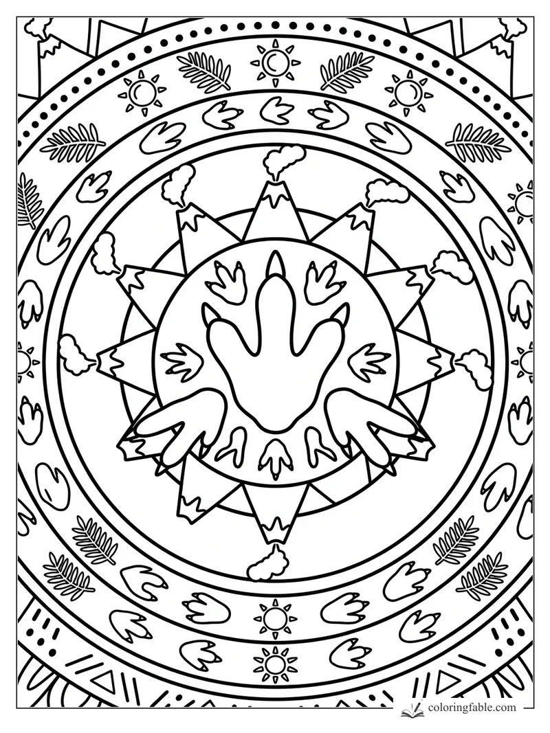 Easy mandala coloring page with dinosaur footprints, smoking volcanoes, suns, leaves, dots, and bold rings.