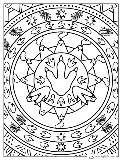 Easy mandala coloring page with dinosaur footprints, smoking volcanoes, suns, leaves, dots, and bold rings.