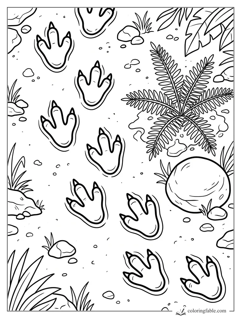 Easy dinosaur footprint coloring page with claw tracks, ferns, rocks, and jungle leaves.