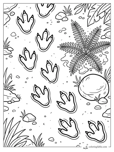 Easy dinosaur footprint coloring page with claw tracks, ferns, rocks, and jungle leaves.
