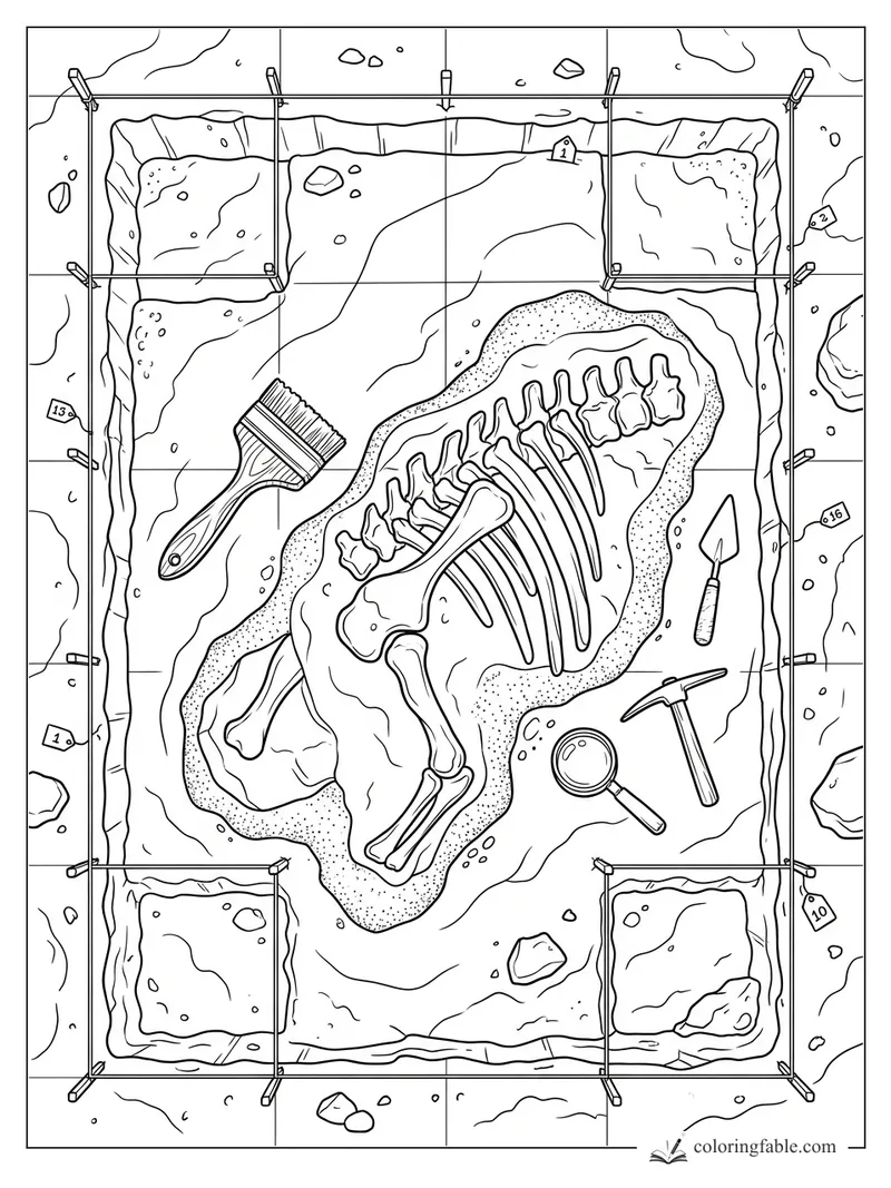 Dinosaur fossil skeleton in a dig grid with brush, trowel, magnifying glass, pickaxe, and numbered tags
