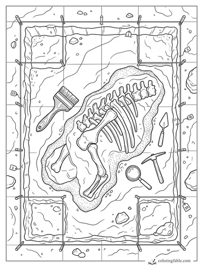 Dinosaur fossil skeleton in a dig grid with brush, trowel, magnifying glass, pickaxe, and numbered tags
