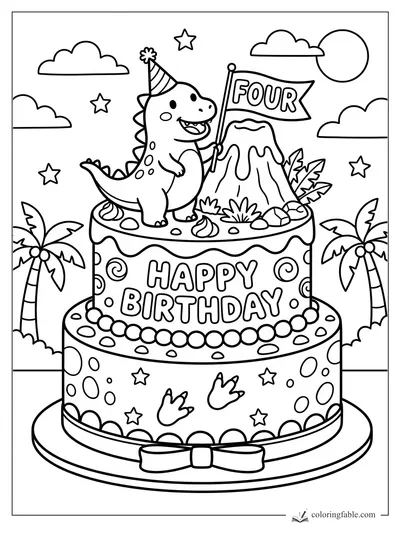 Cartoon dinosaur holding a FOUR flag on a two-tier birthday cake with volcano, palms, stars, and bow.