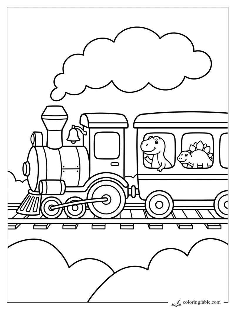 Cartoon dinosaurs wave from a steam train with a bell, smoke cloud, rails, and leafy bushes.