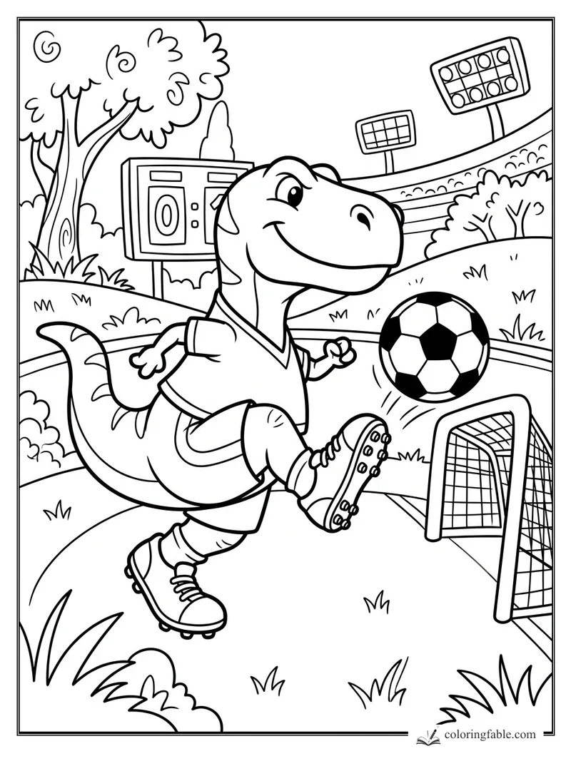 Cartoon dinosaur in cleats kicking a soccer ball toward a goal in a stadium park.
