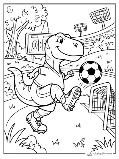 Cartoon dinosaur in cleats kicking a soccer ball toward a goal in a stadium park.