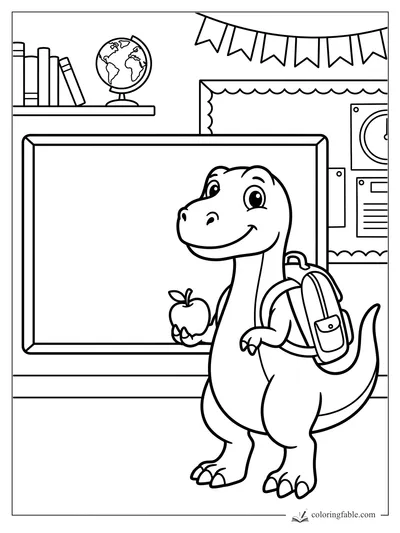 Smiling dinosaur with backpack holding an apple in a classroom with globe, chalkboard, clock, and bunting