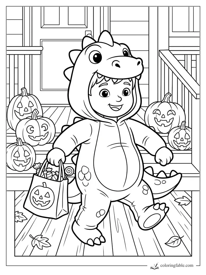 Child in a dinosaur Halloween costume holding a candy bag on a porch with jack-o'-lanterns