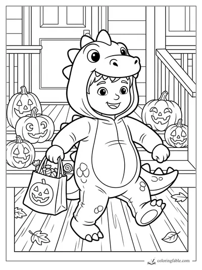 Child in a dinosaur Halloween costume holding a candy bag on a porch with jack-o'-lanterns