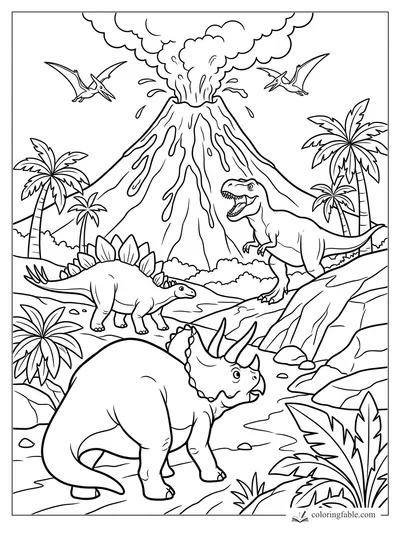 Cartoon dinosaurs, pterosaurs, palm trees, and an erupting volcano in a prehistoric valley