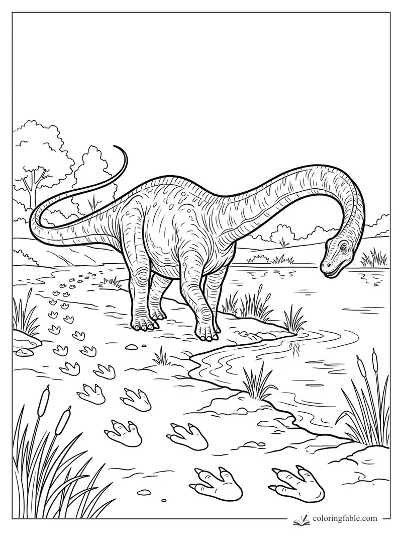 Realistic diplodocus bending to drink beside a pond, with reeds, trees, and three-toed tracks in the mud.