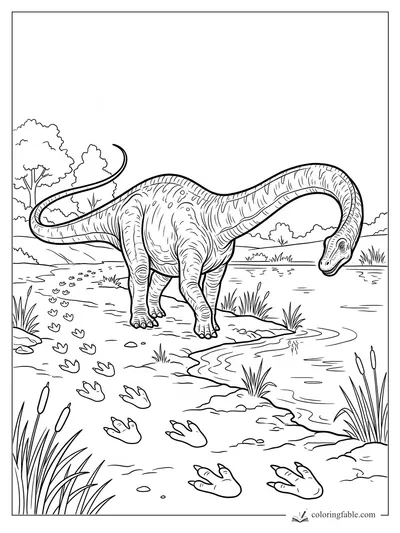 Realistic diplodocus bending to drink beside a pond, with reeds, trees, and three-toed tracks in the mud.