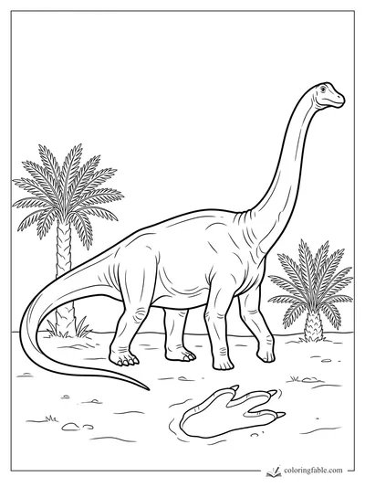 Realistic diplodocus with long neck standing between palm-like trees near a large three-toed footprint.