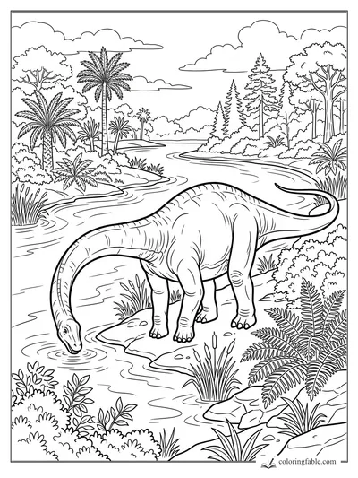 Diplodocus lowers its long neck to drink from a winding river among palms, ferns, reeds, and tall trees.