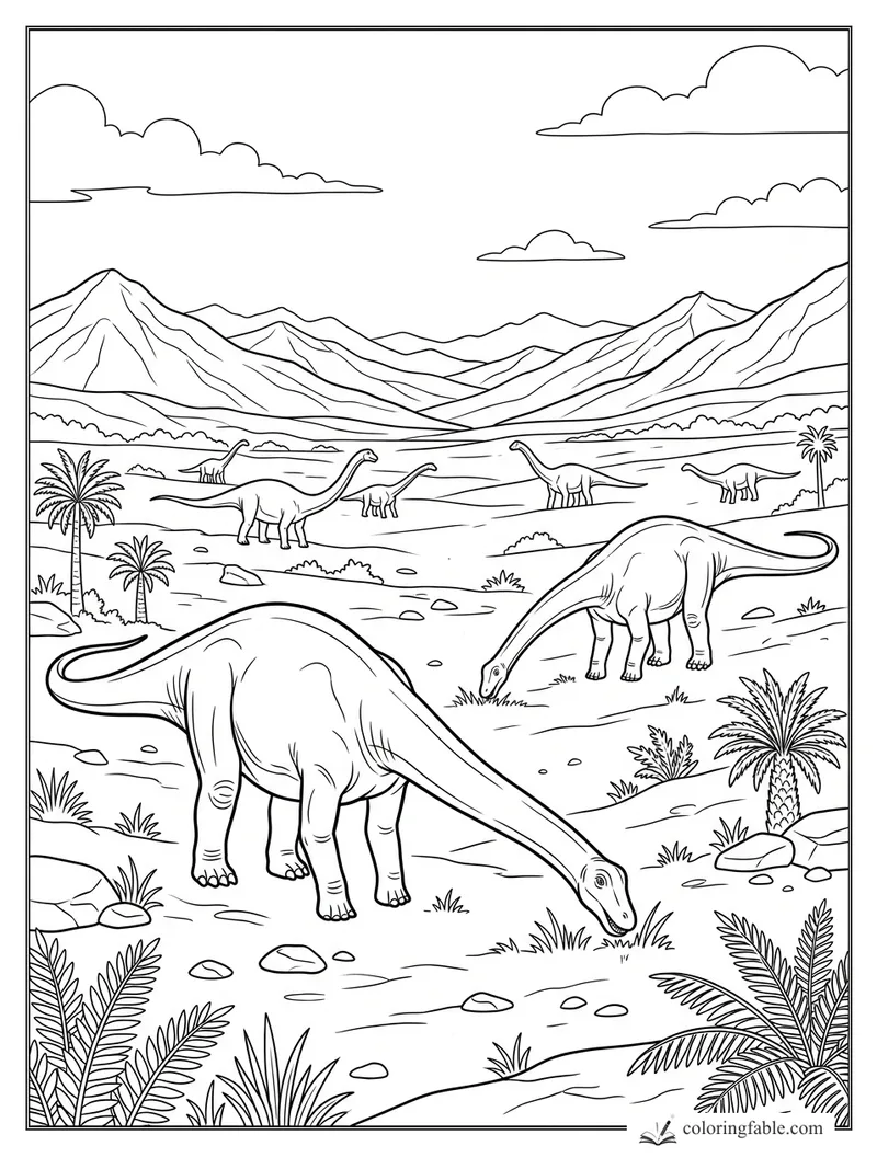 Realistic diplodocus herd grazing among palms, rocks, distant hills, clouds, and layered mountains.