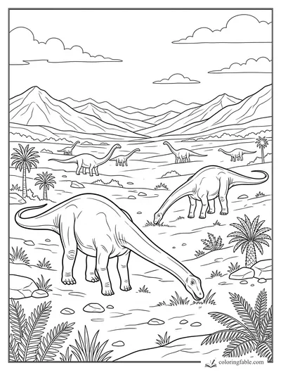 Realistic diplodocus herd grazing among palms, rocks, distant hills, clouds, and layered mountains.