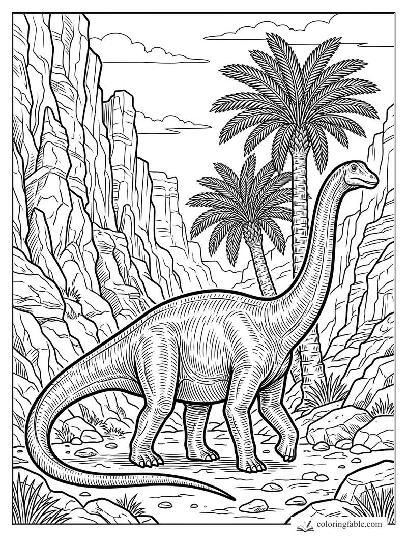 Intricate engraving-style diplodocus standing between rocky canyon walls and tall palm trees.