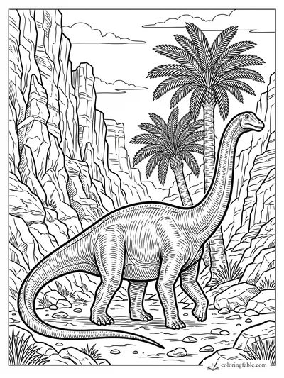 Intricate engraving-style diplodocus standing between rocky canyon walls and tall palm trees.