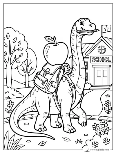 Smiling diplodocus with backpack, apple, and pencil walking to a school with a star flag.