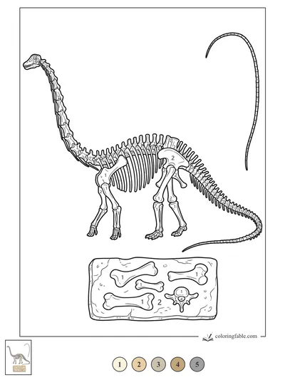 Diplodocus Skeleton With Fossil Bone Tray — color by number