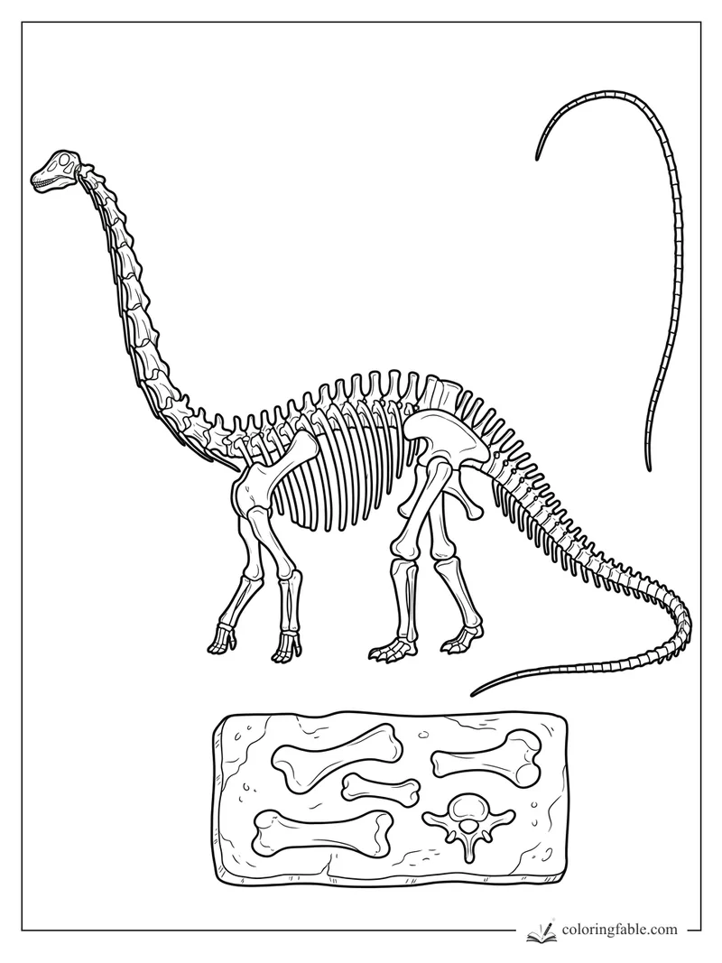 Diplodocus skeleton coloring page with long neck, curved tail, ribs, and fossil bones on a slab.