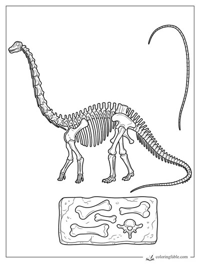 Diplodocus skeleton coloring page with long neck, curved tail, ribs, and fossil bones on a slab.