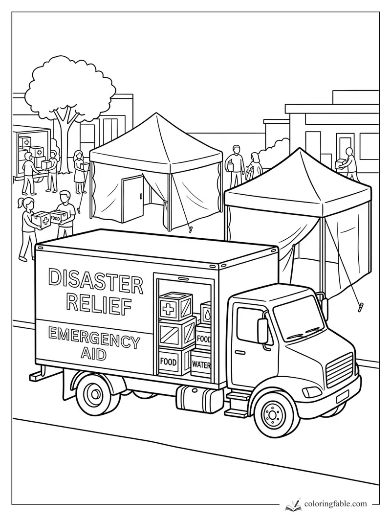 Disaster relief truck unloading food and water boxes beside emergency aid tents and volunteers.