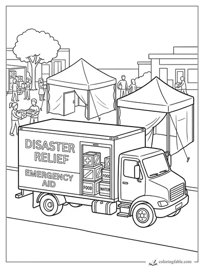 Disaster relief truck unloading food and water boxes beside emergency aid tents and volunteers.