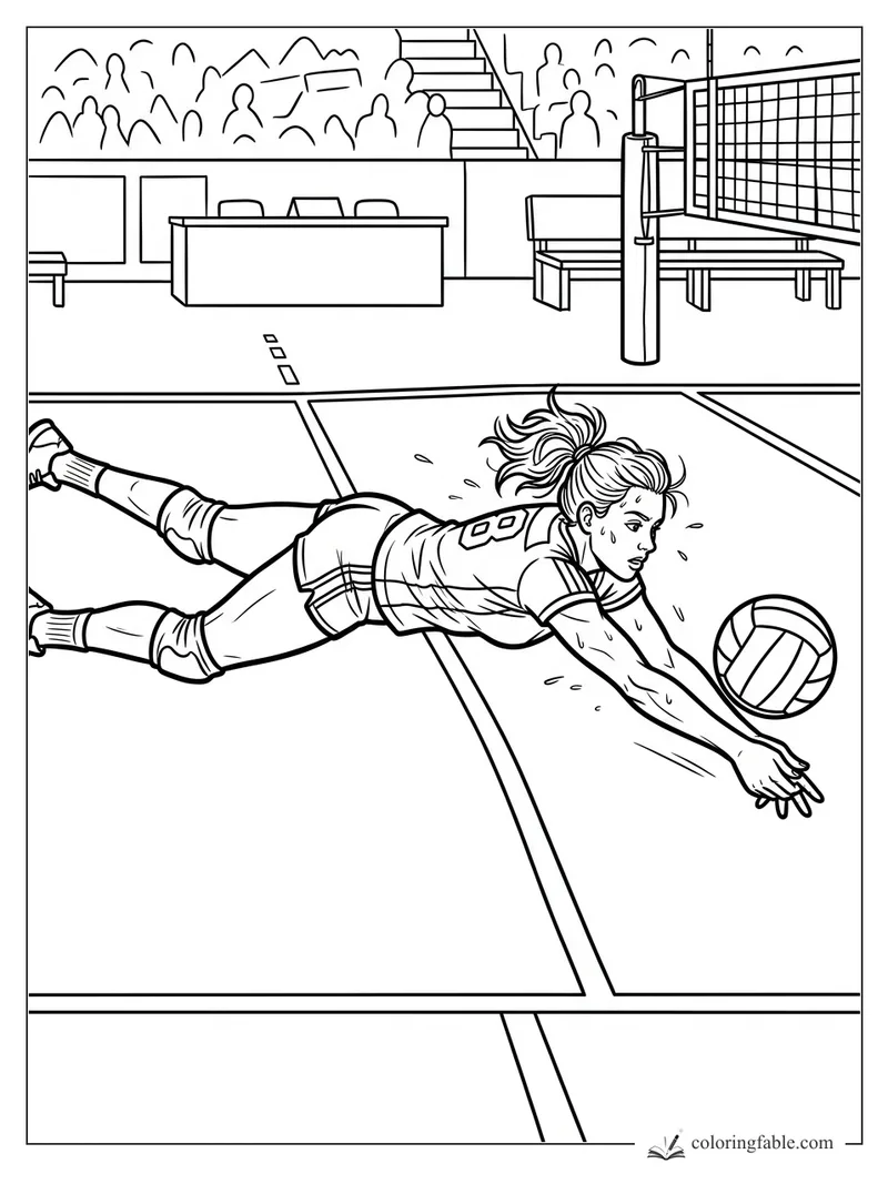 Volleyball player diving low for a save on an indoor court with net, benches, and crowd.