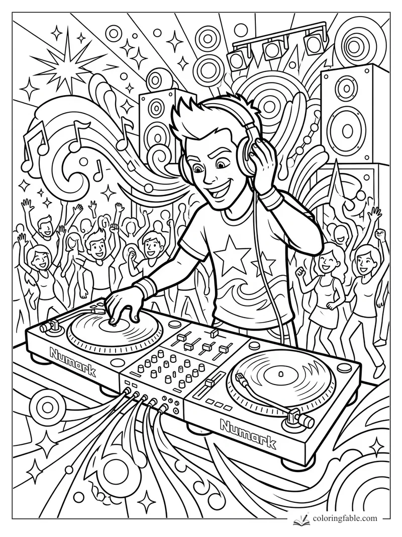 Cartoon DJ mixing records with headphones, speakers, music notes, and a cheering dance crowd