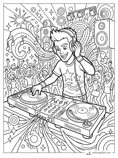 Cartoon DJ mixing records with headphones, speakers, music notes, and a cheering dance crowd