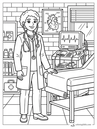 Doctor with stethoscope in exam room beside a heart monitor, medical shelves, and anatomy poster