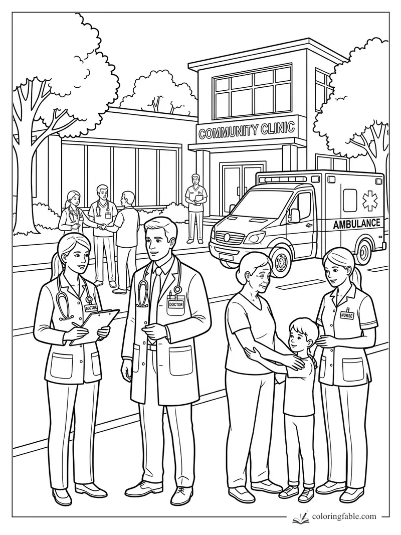 Doctors, nurse, family, and ambulance outside a community clinic coloring page