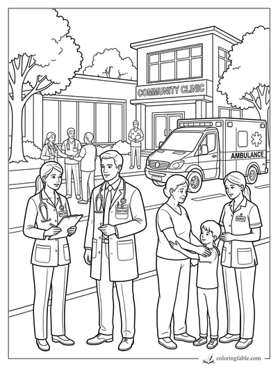 Doctors, nurse, family, and ambulance outside a community clinic coloring page