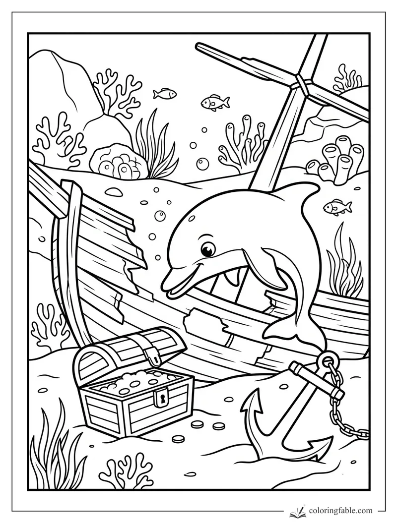 Smiling dolphin swims through a broken shipwreck with open treasure chest, anchor, coral, bubbles, and fish.