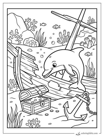 Smiling dolphin swims through a broken shipwreck with open treasure chest, anchor, coral, bubbles, and fish.