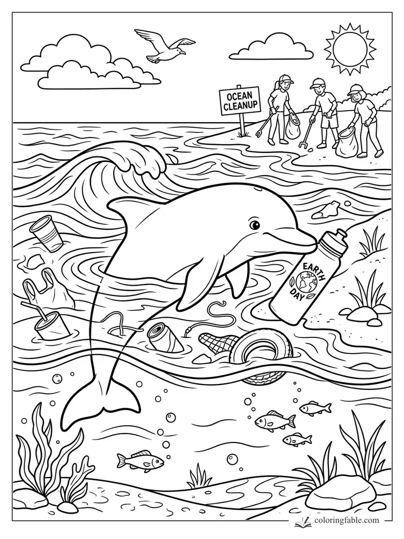 Dolphin carries an Earth Day bottle near ocean cleanup volunteers and floating trash.