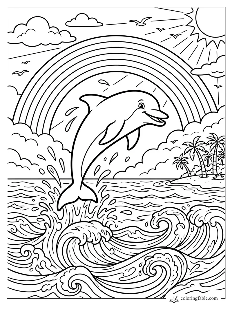 Smiling dolphin leaping from ocean waves under a rainbow, sun, clouds, birds, and palm island.