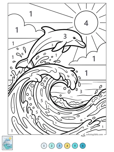Dolphin Leaping Over a Curling Wave — color by number