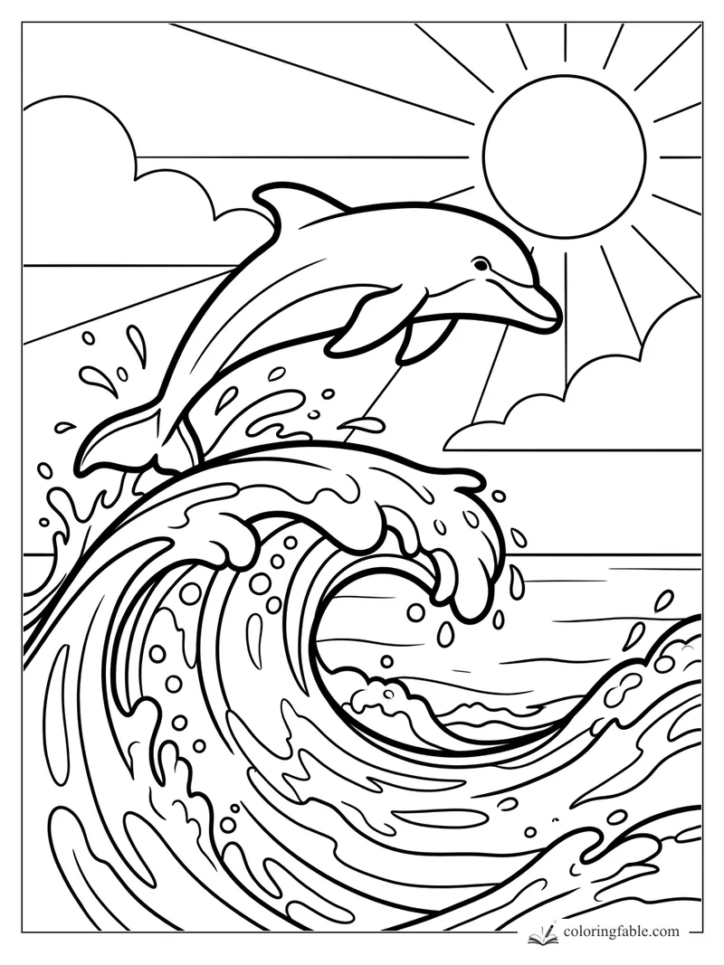 Easy dolphin coloring page with a smiling dolphin, curling wave, sun rays, clouds, and splashing water.