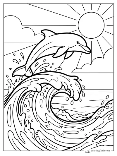 Easy dolphin coloring page with a smiling dolphin, curling wave, sun rays, clouds, and splashing water.