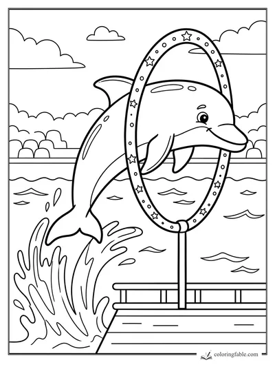 Cartoon dolphin jumping through a star-decorated hoop above a pool, with splash, clouds, and bleachers.