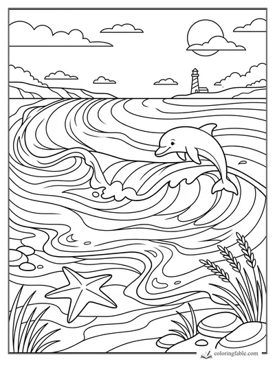 Dolphin jumping over curling ocean waves with a lighthouse, sun, clouds, starfish, rocks, and beach grass.