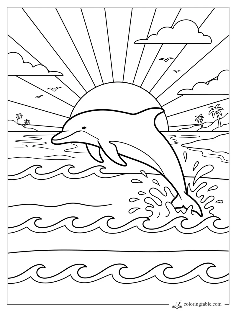 Dolphin jumping from ocean waves at sunrise with clouds, seabirds, islands, and palm trees.